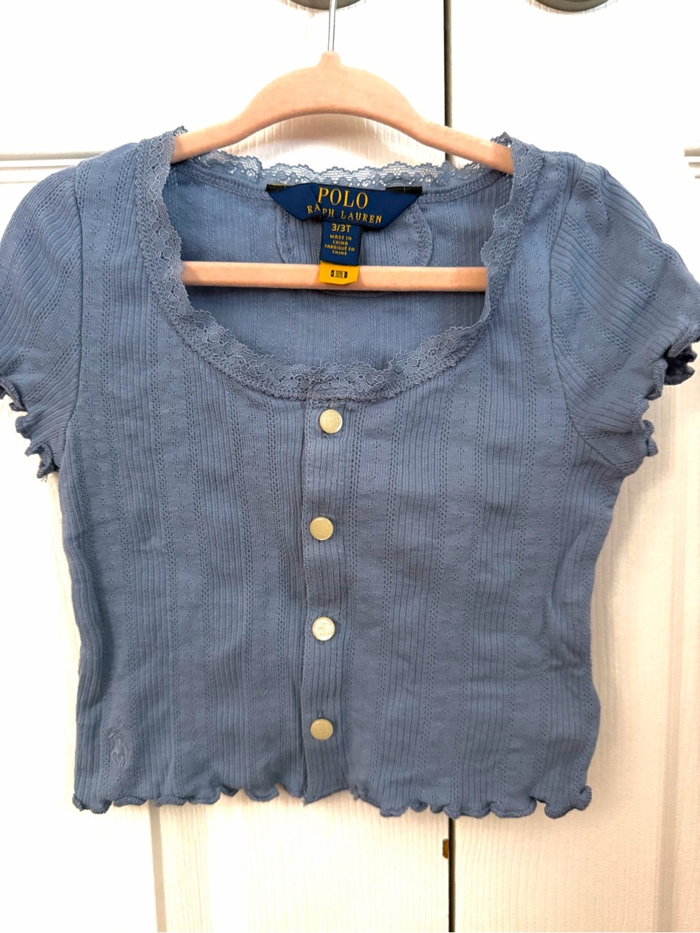 Polo by Ralph Lauren Dusty Blue Lace-Trim Button Front Crop Top